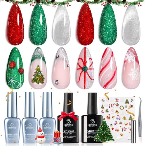 Beetles Christmas Gel Nail Polish Set, Red Green Glitter Winter Gel Polish Silver Cat Eye Gel with Base&Top Coat and DIY Nail Stickers Soak Off Nail Lamp Uv LED Cured Christmas Gifts for Women