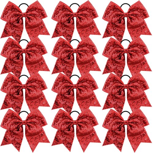 12 Pieces 8 Inch Red Cheer Bows Glitter Jumbo Cheerleading Bow with Elastic Ponytail Holder Bow Hair Tie Band Hair Accessories for School Girls Toddlers
