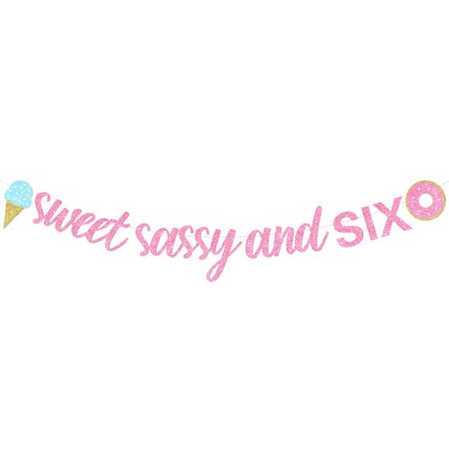 Sursurprise Sweet Sassy and Six Birthday Decorations, Sweet Sassy and Six Banner, Donut Ice Cream Candy Sweet 6th Birthday Party Supplies for Girls