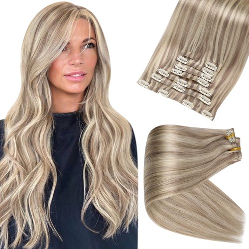 Full Shine Blonde Clip in Hair Extensions Highlights Human Hair Clip in Extensions Ash Blonde Mix Bleach Blonde 8 Pcs 80 Grams Pu Clip in Human Hair Blonde Remy Hair Extensions Straight 12Inch