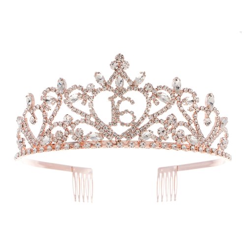Ella Celebration 16 Tiara Rose Gold 16th Birthday Sweet 16 Party Crown (Rose Gold) (Rose Gold Tiara)