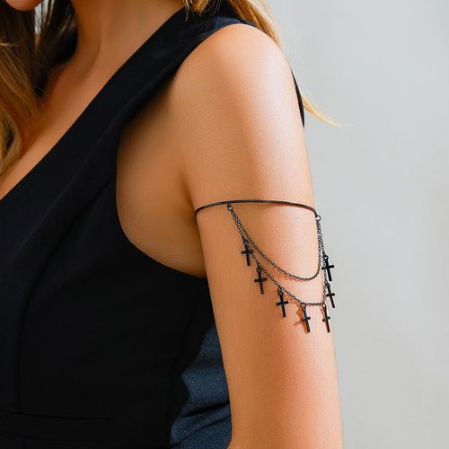 Rumtock Cross Fringe Layered Open Cuff Armlet for Punk Girls Halloween Party Costume Jewelry Banquet Arm Jewelry (Black Small Cross)