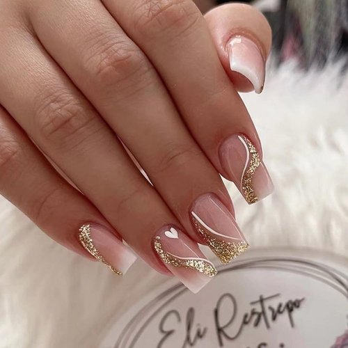 ANDGING Coffin Press on Nails Short Medium Ombre White Glue on Nails with Gradient Glitter Gold Line Striped Design Acrylic Fake Nails for Wedding False Nails Women Manicure Stick on Nail with Glue