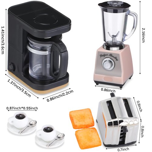 Hollowfly 5 Pcs Miniature Dollhouse Kitchen Accessories 1: 12 Scale Dollhouse Accessories Include Mini Coffee Maker Blender Toy Mini Toaster with 2 Slices Toast 2 Coffee Cup for Dollhouse Decoration