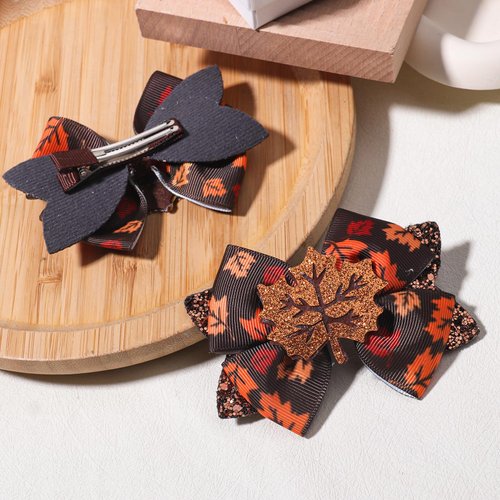 3.5" Fall Thanksgiving Hair Bow Clips for Girls Glitter Maple Leaves Bowkont Alligator Barrettes Cute Hairpins Teens Toddlers Autumn Grosgrain Ribbon Hair Accessories 2Packs