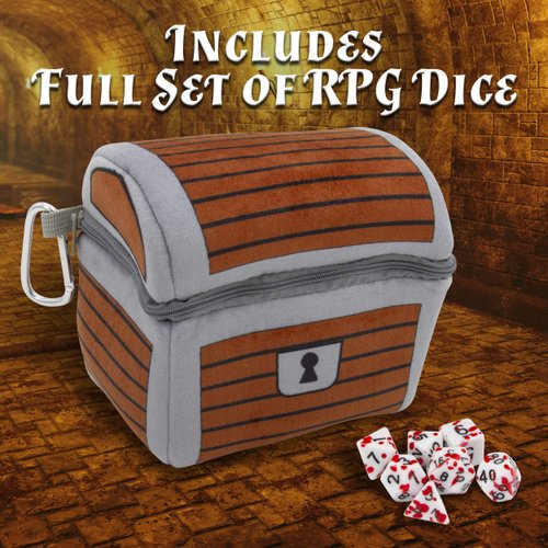 CASEMATIX Mimic Dice Chest and DND Dice Case with 7 Included RPG Dice - 6.5" Mimic Chest Dice Bag with Zipper Closure and Carabiner for 150 Dice, Protective Novelty Dice Holder for Tabletop Dice