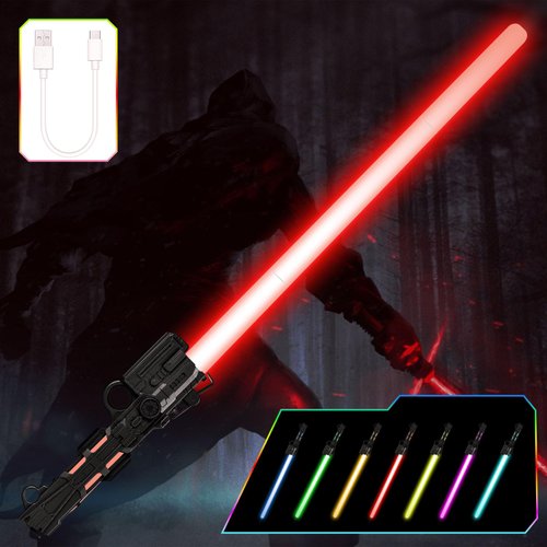 OSDUE Lightsaber for Kids, 7 Color Rechargeable Light Up Saber with FX Sound & Type-C Charging Cable, Expandable Light Swords for Star War Fighters & Warriors Children's Day New Years Gifts (Black)