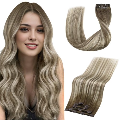 Vivien Clip in Hair Extensions Light Brown to Blonde Balayage Hair Extensions Clip in Human Hair Real Clip in Hair Extensions Brown Ombre Clip in Hair Extensions 14 Inch 5Pcs 80g #6/60/6