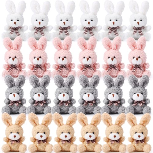 Sotiff 24 Pcs Plush Bunny Stuffed Animal Bulk 4.7 Inch Mini Bunnies Keychain Doll Furry Rabbit with Bow Tie for Birthday Xmas Easter Baby Shower Party Favor Gifts Classroom Rewards(Classic Color)