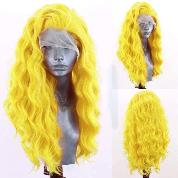RDY Lemon Yellow Fashion Lace Front Wigs for Women Pre Plucked Body Wave Synthetic Wig with Free Part Natural Hairline Wig Cosplay Party Makeup Wigs 24Inches