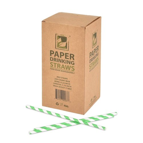 100% Compostable Paper Straws Disposable [7.75", Green Stripe, 250 Count], Paper Straws for Drinking, Eco Friendly, Biodegradable, Sturdy Straws with Soy-Based Ink by Earth's Natural Alternative