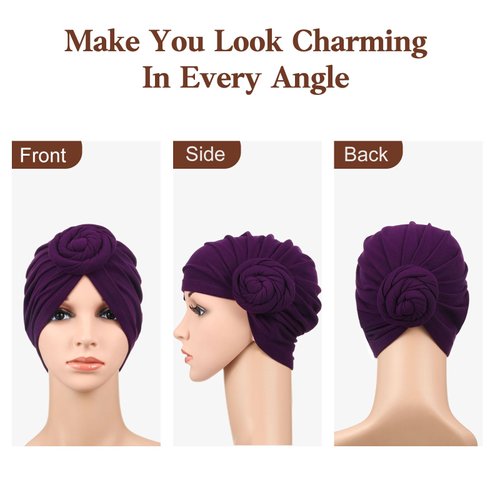 SATINIOR 4 Pieces African Headwrap Turban for Black Women Hair Bonnet Hair Wrap Head Scarf Headwrap Hat(Purple, Black, Navy, Camel)