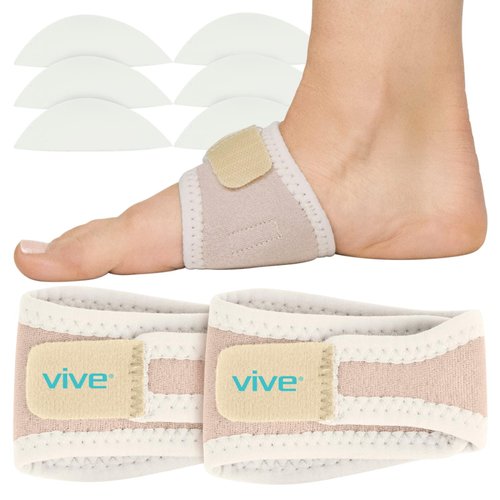 Vive Foot Arch Support Brace (Pair) - Wrap Corrector for Flat Foot, Plantar Fasciitis, Pain Relief, Fallen Arches - Compression Sleeve Strap for Feet - Gel Bands Inserts for Women & Men (Beige)