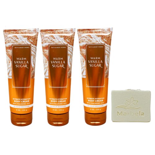 Bath & Body Works Warm Vanilla Sugar 3 Pack Body Cream Gift Set with a Natural Oats Bar Soap - Full Size