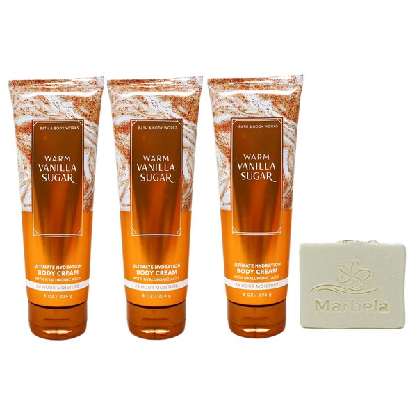 Bath & Body Works Warm Vanilla Sugar 3 Pack Body Cream Gift Set with a Natural Oats Bar Soap - Full Size