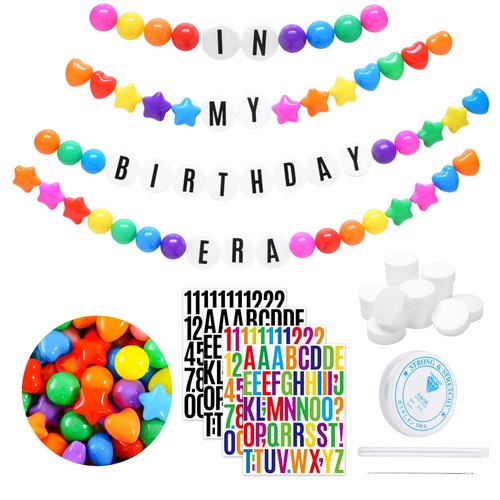 Heopeis DIY Giant Friendship Bracelet Birthday Banner in My Birthday Era Banner Famous Singer Customizable Banner Garland Decor Foam Circles Ball Plastic Balls Stars DIY Supplies(Bright Colors)