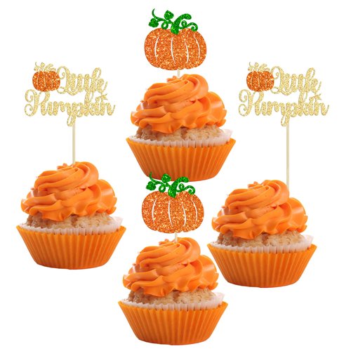 24Pcs Little Pumpkin Cupcake Toppers Glitter Baby Shower Fall Theme Cupcake Picks Pumpkin Cake Decorations for Thanksgiving Halloween Baby Shower Kids Birthday Party Supplies Orange