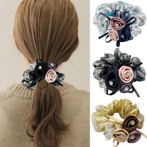Flower Hair Scrunchies for Women, UNLONLEG 3Pcs Rose Rhinestone Hair Ties No Damage, Jewelry Rubber Band, Cystal Elastic Hair Tie, Hair Accessories for Women & Girls, Blue, Light Brown and Black(A#)
