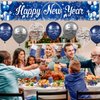 Blue Happy New Year Banner with 18pcs Balloons 2025 Glitter Blue Happy New Year Yard Banner Sign Fireworks Happy New Year Fence Banner 2025 New Year Latex Balloons for New Year Eve Party Supplies