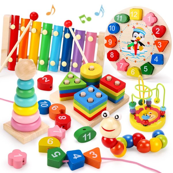 Qizebaby Montessori Toys for 2 Year Old Boys Girls, 6PCS Kids Wooden Toys, Baby Boy Toys 3-6 Year Old, Preschool Educational Learning Toy for Kids Ages 3 4 5 6+, Birthday Gifts