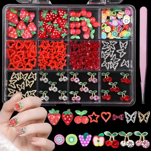 3D Fruit Cherry Nail Charms, Gold&Silver Butterfly Cherry Alloy Nail Gems Charms+Bow Strawberry Heart Star Acrylic Nails Art Charms+Color Fruit Slices Nail Charms for Nails Design