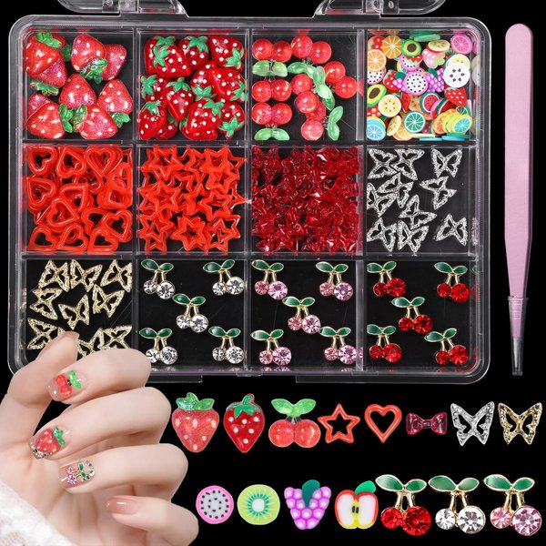 3D Fruit Cherry Nail Charms, Gold&Silver Butterfly Cherry Alloy Nail Gems Charms+Bow Strawberry Heart Star Acrylic Nails Art Charms+Color Fruit Slices Nail Charms for Nails Design