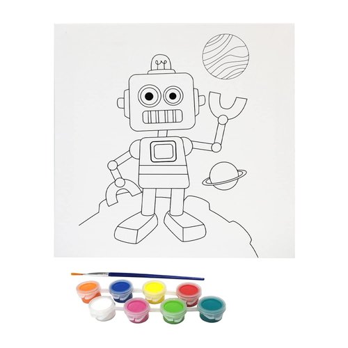 Misco Toys Canvas Paint Party Kits, 11 Piece Art kit Pre-Drawn Outline Canvas for Paint and Sip 8 Colors and Brush Included, Great Gift for Kids 4+ and Adults Too! (Robot)