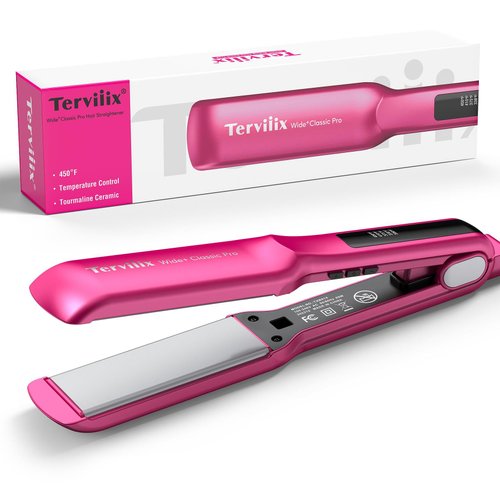Terviiix Ceramic Hair Straightener, 1-1/2 Inch Wide Flat Iron for Hair, Professional Straightening Irons with Adjustable Temp, 30s Instant Heating, Get Silky Smooth Hair, Dual Voltage, Auto Off, Pink