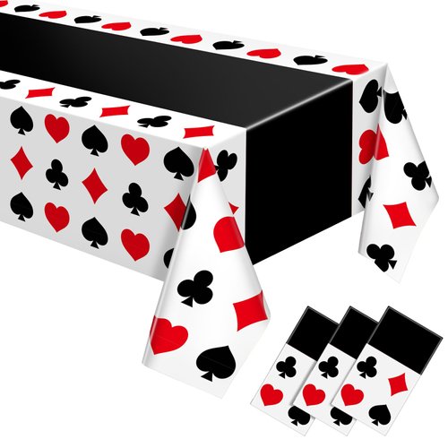 Hosuly 3 Pcs Casino Theme Party Decorations Poker Tablecloth Poker Plastic Disposable Table Cover Casino Theme Tablecloth for Game Birthday Playing Card Party Picnic Supplies, 51 x 108 Inch (Black)