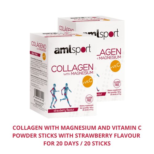 Ana María Lajusticia AML Sport - Collagen with Magnesium with Vitamin C Sticks - Strawberry Flavour - Travel Pack -20 Sticks. Hydrolized Collagen. Dairy, Gluten and Sugar Free.