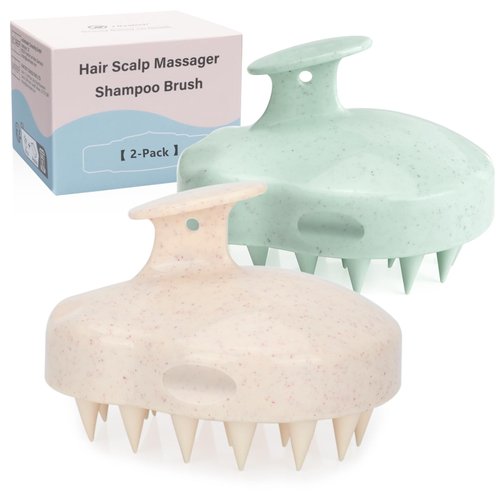 FREATECH 2-Pack Wheat Straw Hair Scalp Massager Shampoo Brush with Silicone Bristles for Hair Growth and Dandruff, Hair Massager Scalp Scrubber Head Exfoliator for Wet & Dry Hair, Women Men Kids