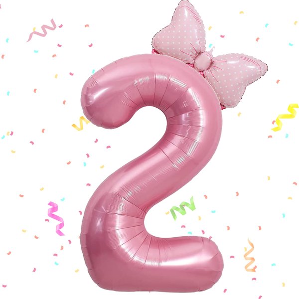 40 Inch Pink Number 2 Balloon & Mini Bow Balloon for Girl Birthday Party Decorations, 2nd Birthday Party Decorations Pink Theme Party Balloons Decorations Supplies