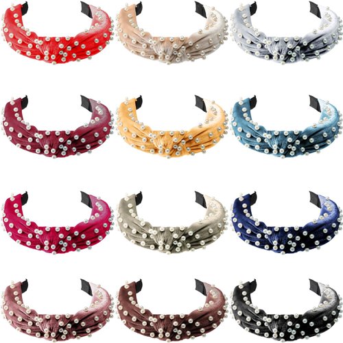 Tigeen 12 Pcs Pearl Headband Cute Beaded Headbands for Women Wide Knotted Headband Velvet Vintage Headpiece Yoga Hair Band Elastic Hair Accessories for Women, 12 Colors