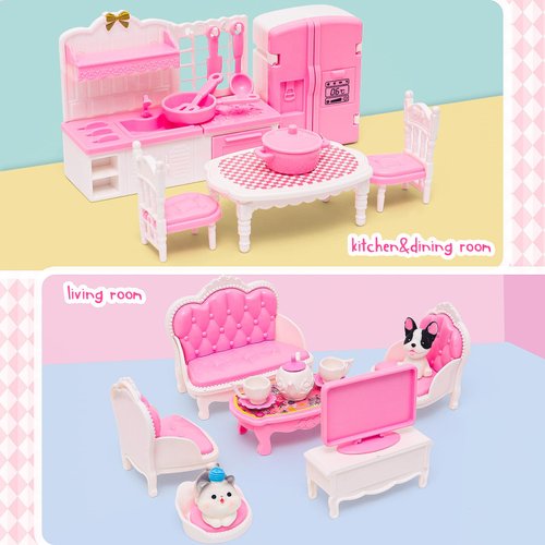HAPGFS 45 Pcs Dollhouse Furniture Set Accessories Doll House Mini Furniture Pretend Play Bedroom Living Room Bathroom Kitchen for Kids Birthday and Christmas Pink