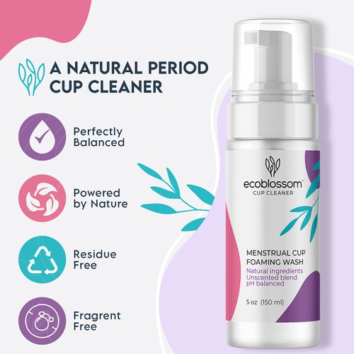 Ecoblossom Menstrual Cup Cleaner - Unscented Foaming Sterilizer Wash for Silicone Period Discs - Wipes Clean, Organic Ingredients, Natural, pH-Balanced - 5oz