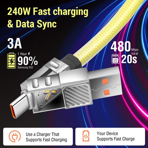 240W 4-in-1 Super Fast Multiple Charging Cable Adaptable for iPhone/iPad/MacBook/Airpods/Samsung/Android, 480Mbps, 150cm (Yellow)