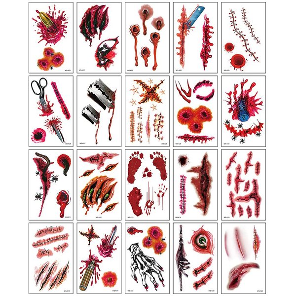 Halloween Temporary Tattoos Scary Scar for Kids Adult, 65PCS Body Prank Makeup Props Blood Stickers, Realistic Wound Fake Tattoos Decorations, Halloween Face Makeup Party Favors Cosplay Supplies
