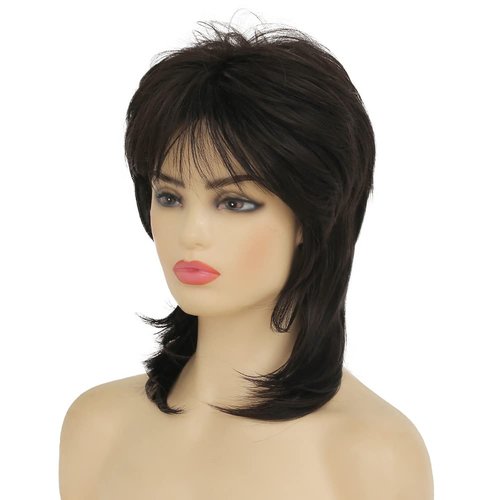 Dai Cloud Short Black Mullet Wig for Women Shaggy Layered Fluffy Wig 80s Rocker Wig for Women Black Curly Wig Cosplay Halloween Daily Costume Wigs Hair Replacement Wigs