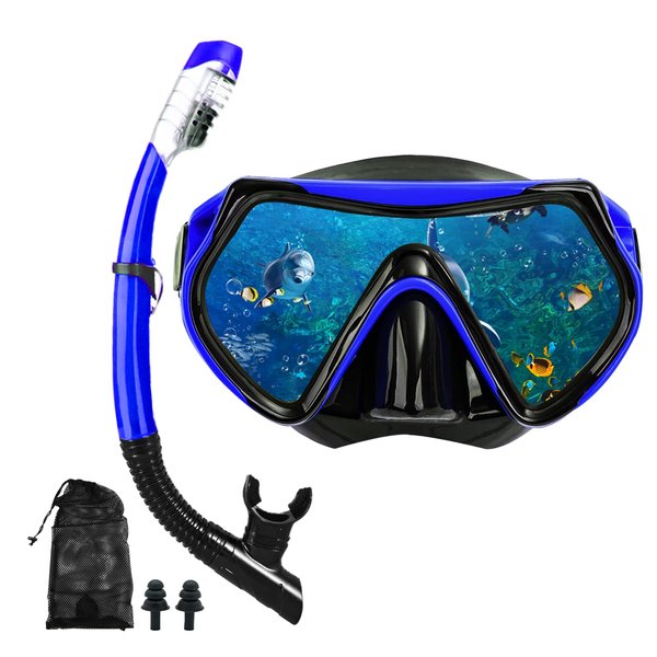 Snorkel mask Snorkeling Set for Adults and Youth, Diving mask and Full Dry Snorkel Swim Googles is Suitable for Snorkeling, Dive Scuba Diving, Swimming (Blue)