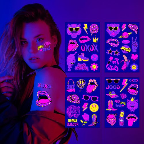 4 Sheets Glow in The Dark Temporary Tattoos for Kids Adults Waterproof Neon UV Blacklight Body Face Flash Fake Tattoo Stickers Rave Party Supplies (Multicolor-3)