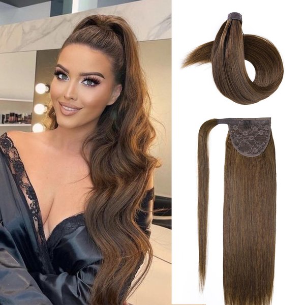 JIAMEISI Ponytail Extension Human Hair Wrap Around Clip in Hair Piece Ponytail Extension Human Hair Straight Ponytail Hair Extensions with Magic Paste 65G 14 Inch #4 Medium Brown