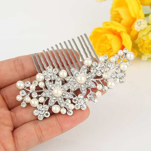 Beautyxyz Bridal Flowers Cream Simulated Pearl Clear Austrian Crystal Hair Comb #828