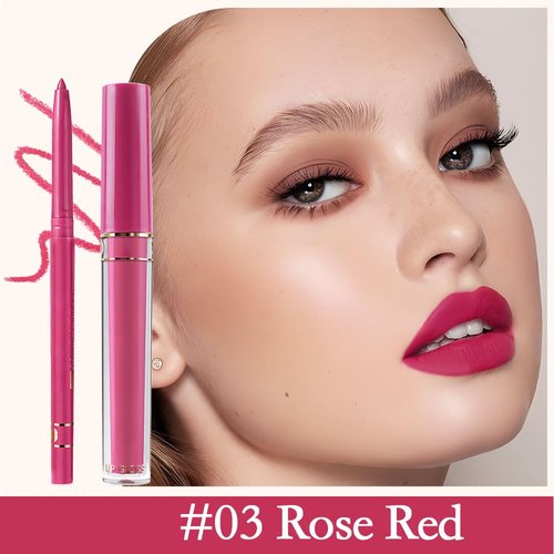 evpct 2Pcs Rose Red Matte Lip Liner and Lipstick Lip Gloss Makeup Set Kit for Women, Red Matte Lipstick Kit with Lip Liner, Lip Stains Long Lasting Waterproof 24 Hour Lipstick and Lip Liners Pencils