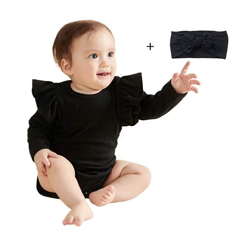 O2 BABY Organic Cotton Baby Girl Ruffle Romper Long Sleeve Bodysuit Jumpsuit with Headband Outfit Set(3-6Months,Black)