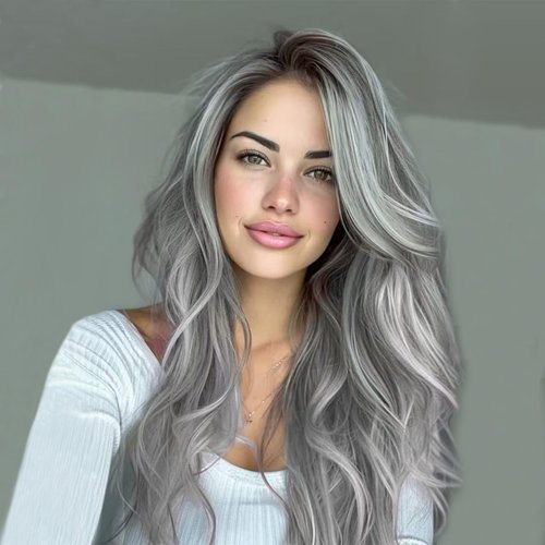 Jolelyne Silver Gray Ombre Wigs Layered Wavy Wig with Curtain Bangs for White Women Light Grey Body Wave Wig Natural Long Hair Wig for Women Synthetic Silver Highlight Gray Wig