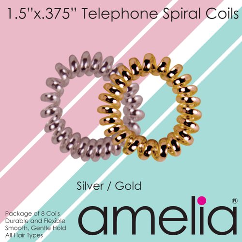 Amelia Beauty 1.5in Spiral Hair Ties - Pack of 8 Small Shinny Elastic Hair Telephone Cord Coils, Strong Hold, Gentle on Hair, Silver, Gold