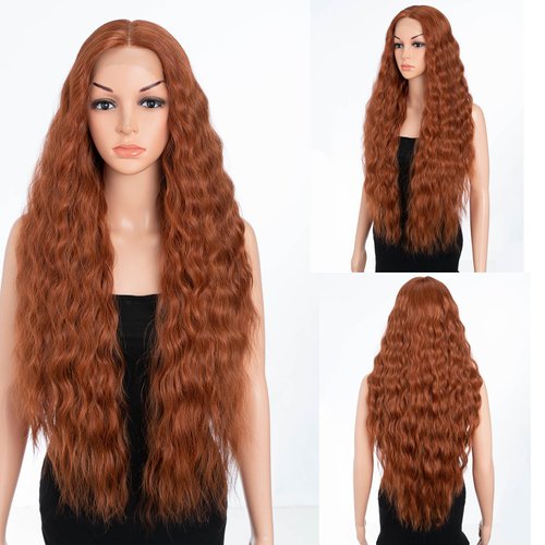 DÉBUT 30 Inches Water Wave Copper Red 13x6x0.5 Lace Front Wigs Long Wavy Synthetic Hair Middle Part Wig for Cosplay Daily Use