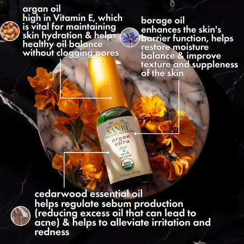 SanRe Organic Skinfood - Argan Aura - 100% USDA Organic Clearing and Anti-Aging Serum For Aging to Problem Skin