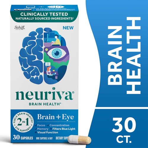 NEURIVA Brain + Eye Supplement for Memory, Focus & Concentration with Clinically Tested Lutein and Zeaxanthin, Vitamins A C & E + Zinc for Eye Health & Filter Blue Light 30 Count Capsules (2 Pack)