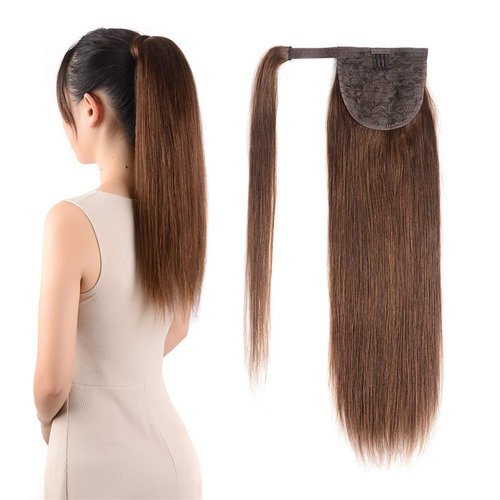 Remy Ponytail Extensions Hair Clip in 20 inches 80g Medium Brown Color Straight Drawstring Warp Around Human Ponytail Hair Piece for Women (20"-80g, Medium Brown #4)